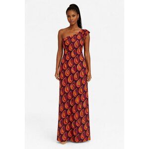 NIKKI POULOS Peacock Print One Shoulder Maxi Dress Purple Orange M